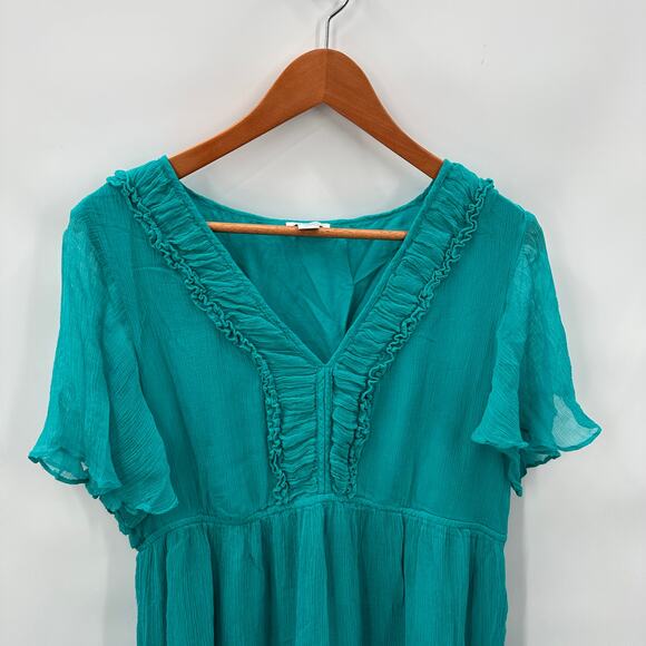 SUNDANCE CLOTHING Teal V Neck Flounce Dress // Large Petite - Picture 3 of 8